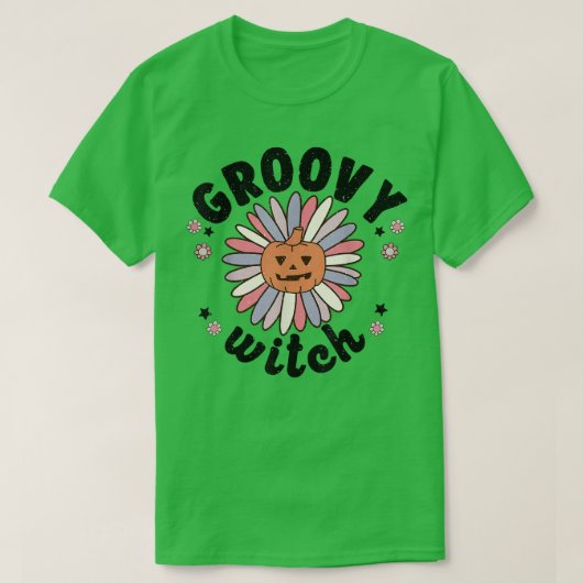 レトロ70s 80s Groovy Witch、ハロウィーンフローラデイジー Tシャツ (デザイン正面)