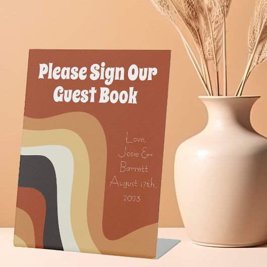 レトロ70s Boho Groovy結婚のサインOur Guest Book 台座サイン