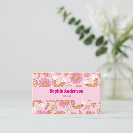 レトロ70s Groovyピンクフローラ&レインボーファンキー 名刺 (スタンド正面)