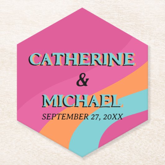 レトロ70s Groovy明るい赤紫色おもしろい結婚 ペーパーコースター (正面)