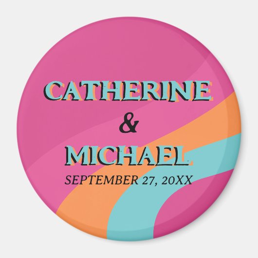 レトロ70s Groovy明るい赤紫色おもしろい結婚 マグネット (正面)