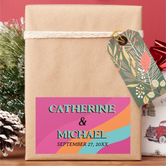 レトロ70s Groovy明るい赤紫色おもしろい結婚 長方形シール (クリスマス)