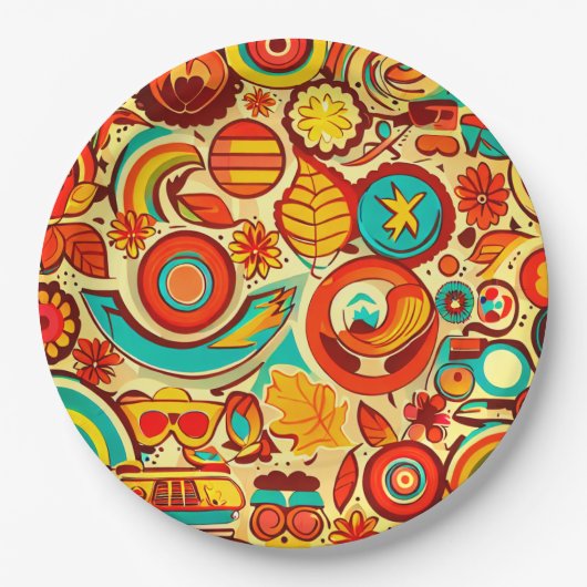 レトロ70s Groovy秋秋の要素パターン ペーパープレート (正面)