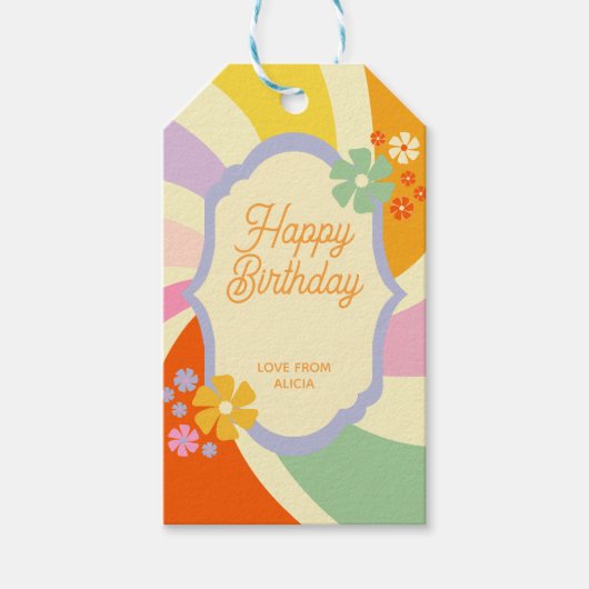 レトロ70s Groovy Waveフラワーハッピーバースデー ギフトタグ (正面)