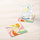 レトロ70s Groovy Waveフラワーハッピーバースデー スクエアペーパーコースター (インサイチュ)