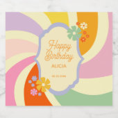 レトロ70s Groovy Waveフラワーハッピーバースデー スパークリングワインラベル (シングルラベル)