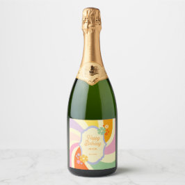 レトロ70s Groovy Waveフラワーハッピーバースデー スパークリングワインラベル