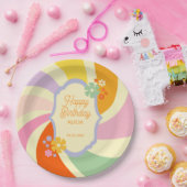 レトロ70s Groovy Waveフラワーハッピーバースデー ペーパープレート (パーティー)