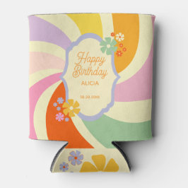 レトロ70s Groovy Waveフラワーハッピーバースデー 缶クーラー