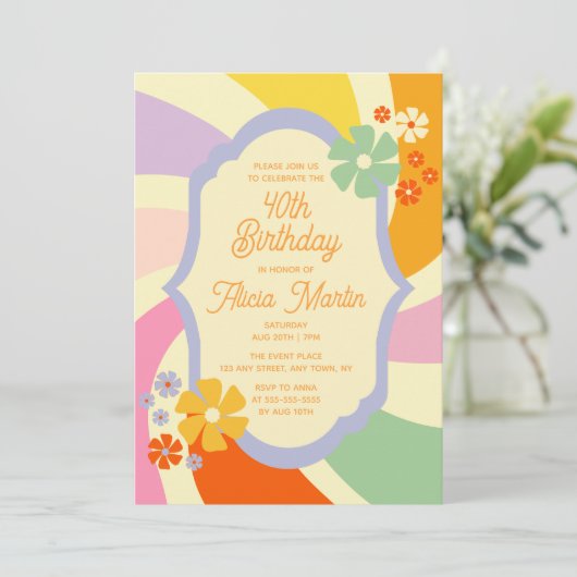 レトロ70s Groovy Wave Flower 40th誕生日 招待状 (スタンド正面)