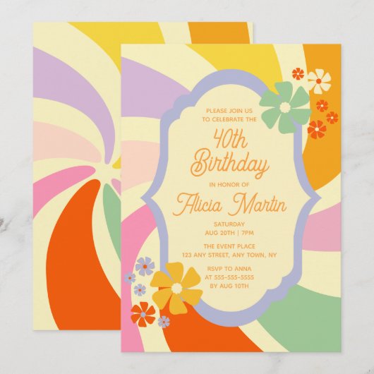 レトロ70s Groovy Wave Flower 40th誕生日 招待状 (正面/裏面)