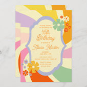 レトロ70s Groovy Wave Flower 45誕生日 招待状 (正面/裏面)