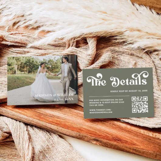 レトロ70s Sage Greenの結婚ウェブサイトQrコード エンクロージャーカード