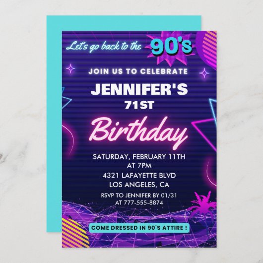 レトロ71歳の誕生日の招待状90年代に戻る 招待状 (正面/裏面)