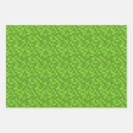 レトロ8ビットゲーム風グリーンピクセルパターン ラッピングペーパーシート