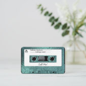 レトロ80のティール(緑がかった色)グリッターカセットテープ混合テープ 名刺 (スタンド正面)