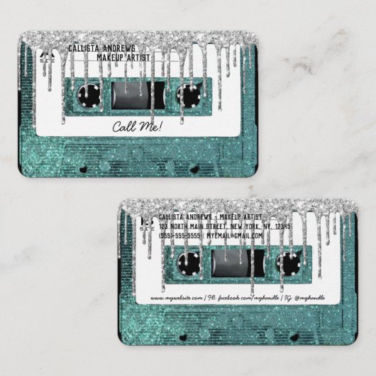 レトロ80のティール（緑がかった色）グリッタードリップカセットテープ混合テープ 名刺 (正面/裏面)