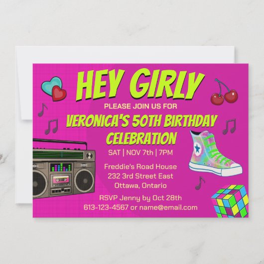 レトロ80のネオン誕生日 招待状 (正面)