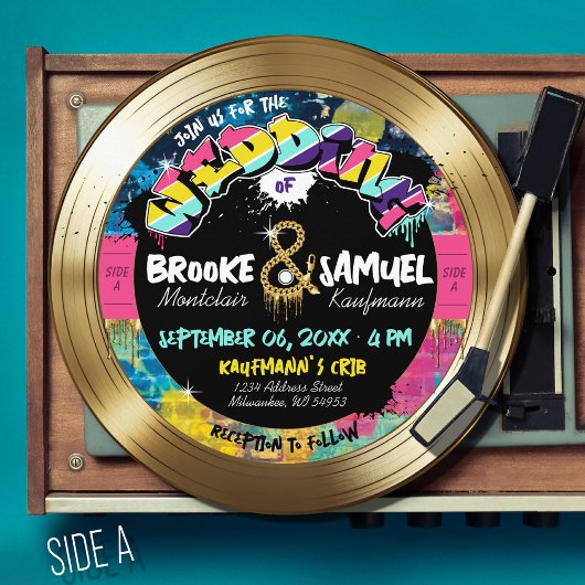 レトロ80のヒップホップフォト金ゴールドレコード結婚アルバム 招待状