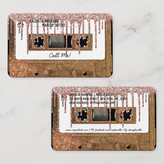 レトロ80の金ゴールドグリッタードリップカセットテープ混合テープ 名刺 (正面/裏面)