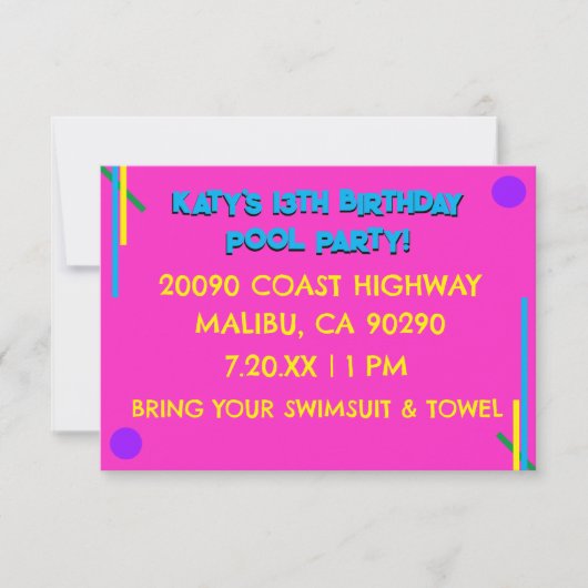 レトロ80ズピンクガール13番目の誕生日プールパーティー 招待状 (正面)