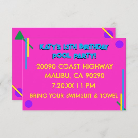 レトロ80ズピンクガール13番目の誕生日プールパーティー 招待状 (正面/裏面)