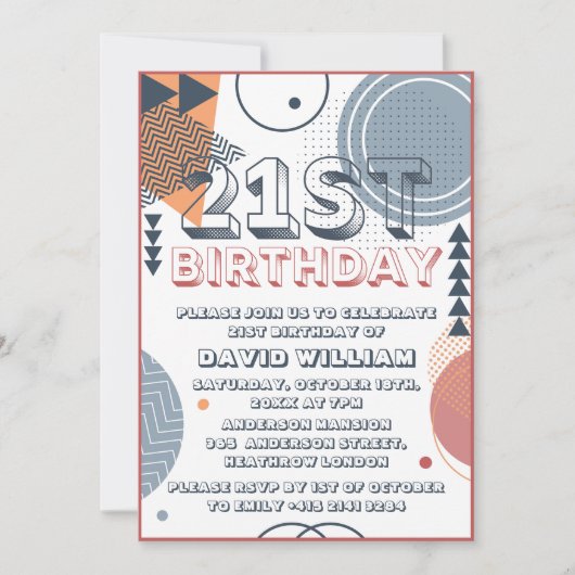 レトロ80代鮮やか21歳はっきりしたの誕生日 招待状 (正面)