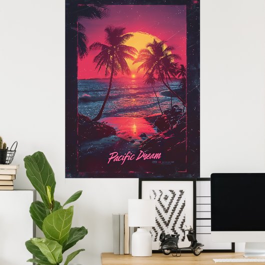 レトロ80年代の映画ポスターにヤシの木が日没 ポスター (ホームオフィス)