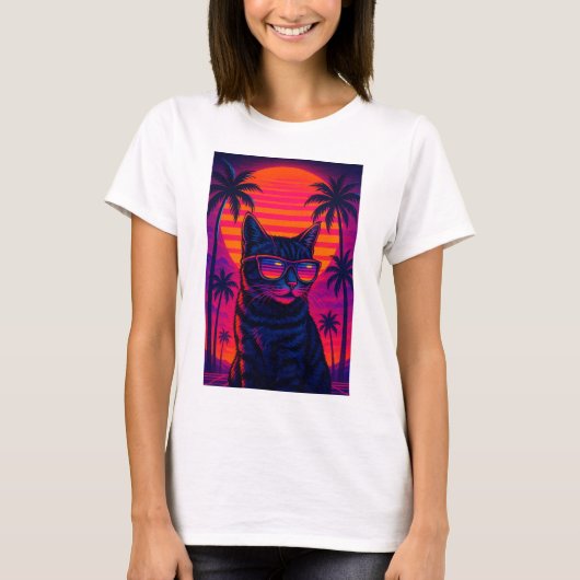 レトロ80年代サングラスTシャツつきサンセット猫 Tシャツ (正面)