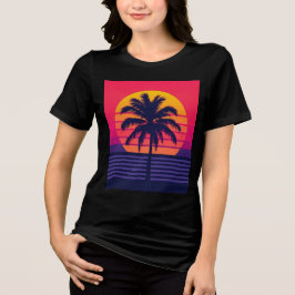 レトロ80年代サンセットパームツリーシンスウェーブアート トライブレンドＴシャツ