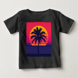 レトロ80年代サンセットパームツリーシンスウェーブアート ベビーTシャツ