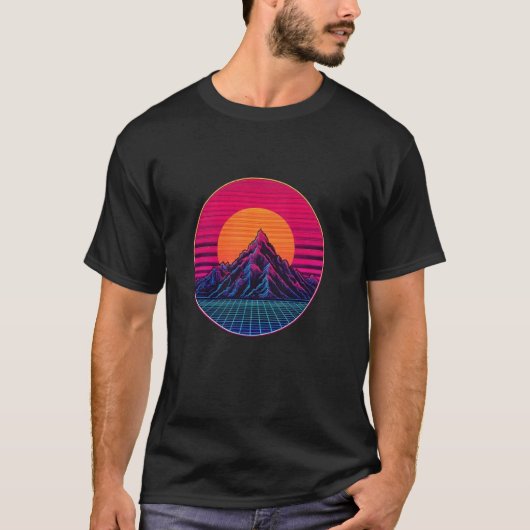 レトロ80年代シンスウェイブの夕日と山のデザイン ヴィンテージ Tシャツ (正面)