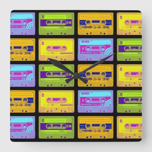 レトロ80年代ポップアートカセットテープ スクエア壁時計 (正面)
