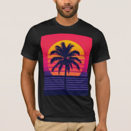 レトロ80年代夕焼けヤシの木シンセウェーブアート Tシャツ