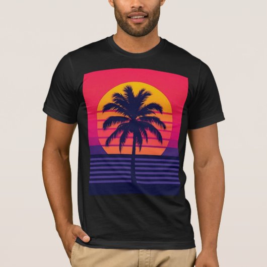レトロ80年代夕焼けヤシの木シンセウェーブアート Tシャツ (正面)
