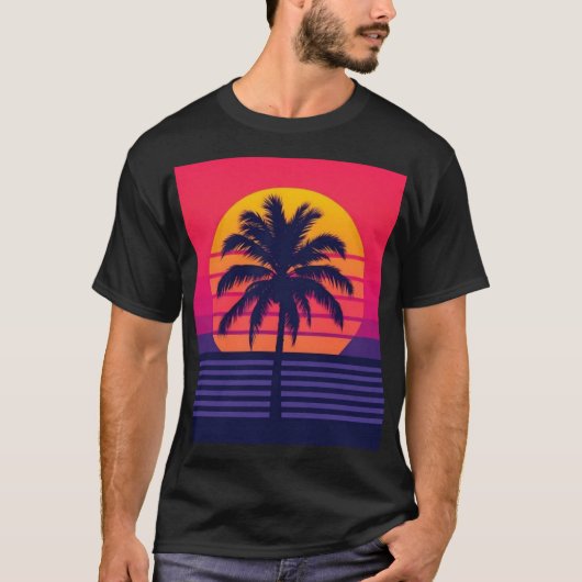 レトロ80年代夕焼けヤシの木シンセウェーブアート Tシャツ (正面)