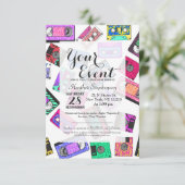 レトロ80年代90年代のネオンカセットテパターン（の模様が）あるープ 招待状 (スタンド正面)