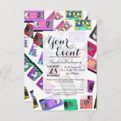 レトロ80年代90年代のネオンカセットテパターン（の模様が）あるープ 招待状 (正面/裏面)