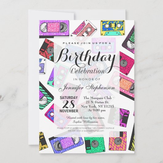 レトロ80年代90年代のネオンカセットテパターン（の模様が）あるープ 招待状 (正面)