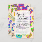 レトロ80年代90年代のネオンカセットテパターン(の模様が)あるープ 招待状 (正面/裏面)