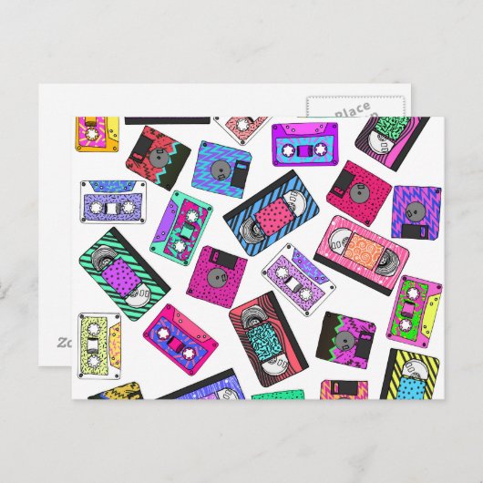 レトロ80年代90年代のネオンカセットパターン(の模様が)あるテープ ポストカード (正面/裏面)