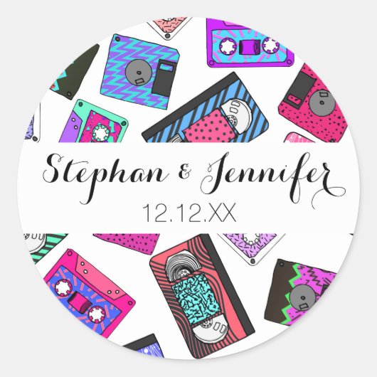 レトロ80年代90年代のネオンカセットパターン(の模様が)あるテープ ラウンドシール (正面)