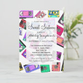 レトロ80年代90年代のネオンカセットパターン(の模様が)あるテープ 招待状 (スタンド正面)