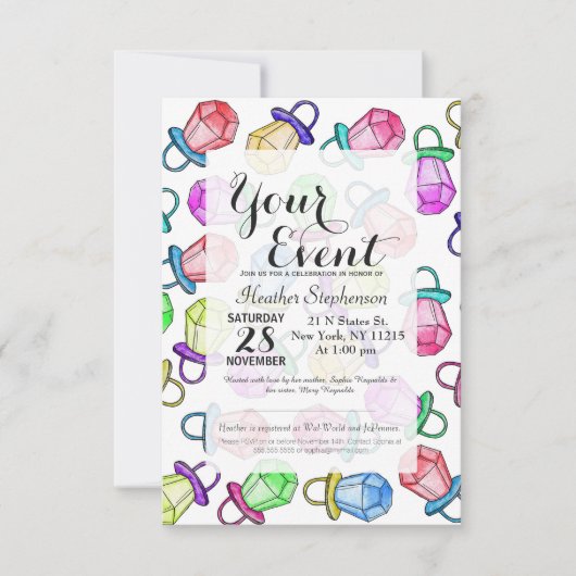 レトロ80年代90年代ネオンカラフルリングや輪キャンデポップ・アートのィ 招待状 (正面)