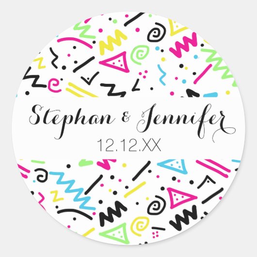 レトロ80年代90年代ネオンピンクグリーンブルーイエロードードル ラウンドシール (正面)