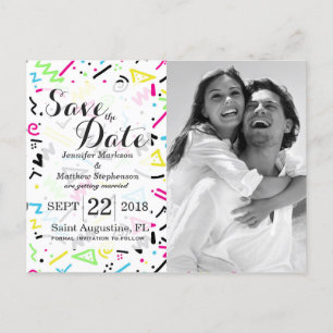 レトロ80年代90年代ネオンピンクグリーンブルーイエロードードル 案内ポストカード