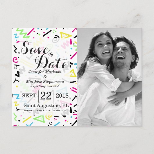 レトロ80年代90年代ネオンピンクグリーンブルーイエロードードル 案内ポストカード (正面)