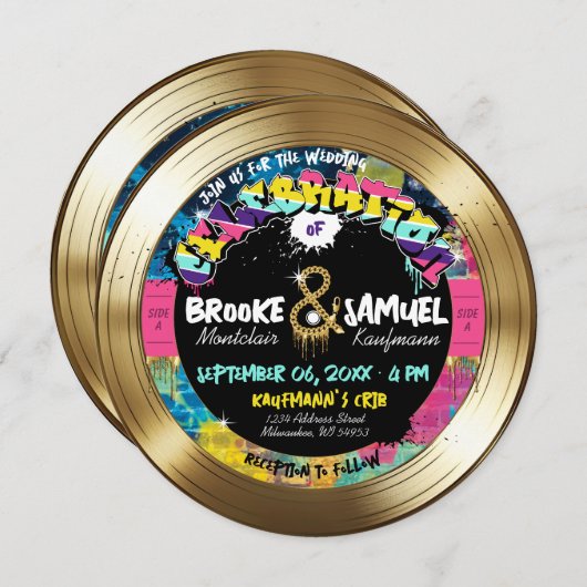 レトロ80年代90年代ヒップホップフォト金ゴールドレコード結婚ズ 招待状 (正面/裏面)