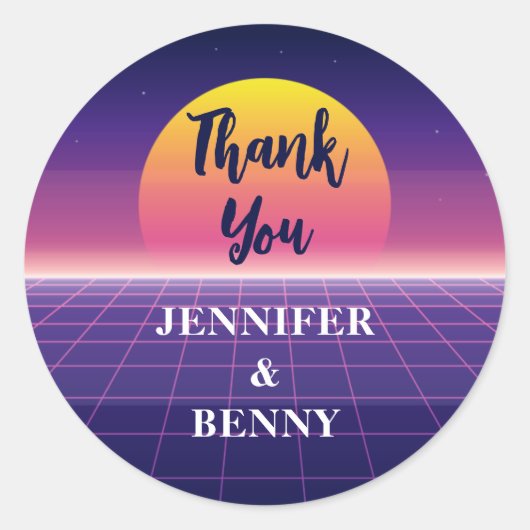 レトロ80年代 ネオン パープル シンセウェーブ 夕焼け ありがとうございます ラウンドシール (正面)