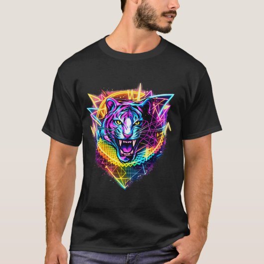 レトロ80年代 90年代 幾何学シンセウェーブ タイガー Tシャツ (正面)